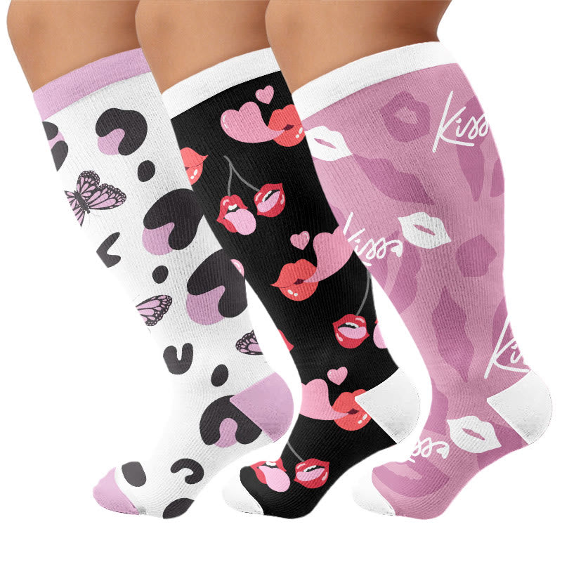 Plus Size Butterfly Kiss Print Compression Socks - Multicolor(3 Pairs) - 4XL - image 1