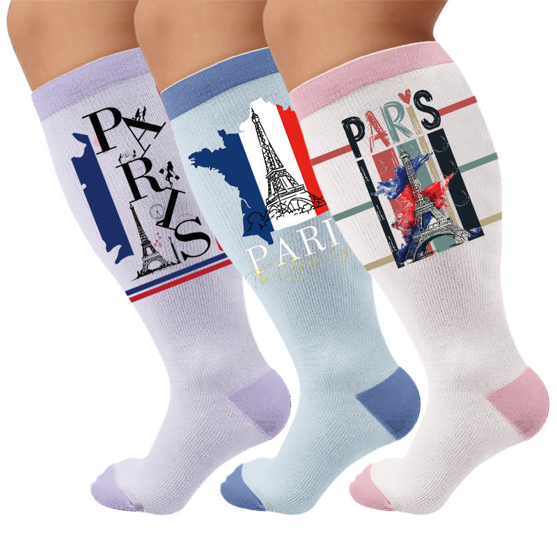 Plus Size Eiffel Tower Print Compression Socks - Multicolor(3 Pairs) - 4XL - image 1