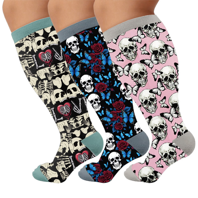 Plus Size Fun Skull Print Compression Socks - Multicolor(3 Pairs) - 4XL - image 1