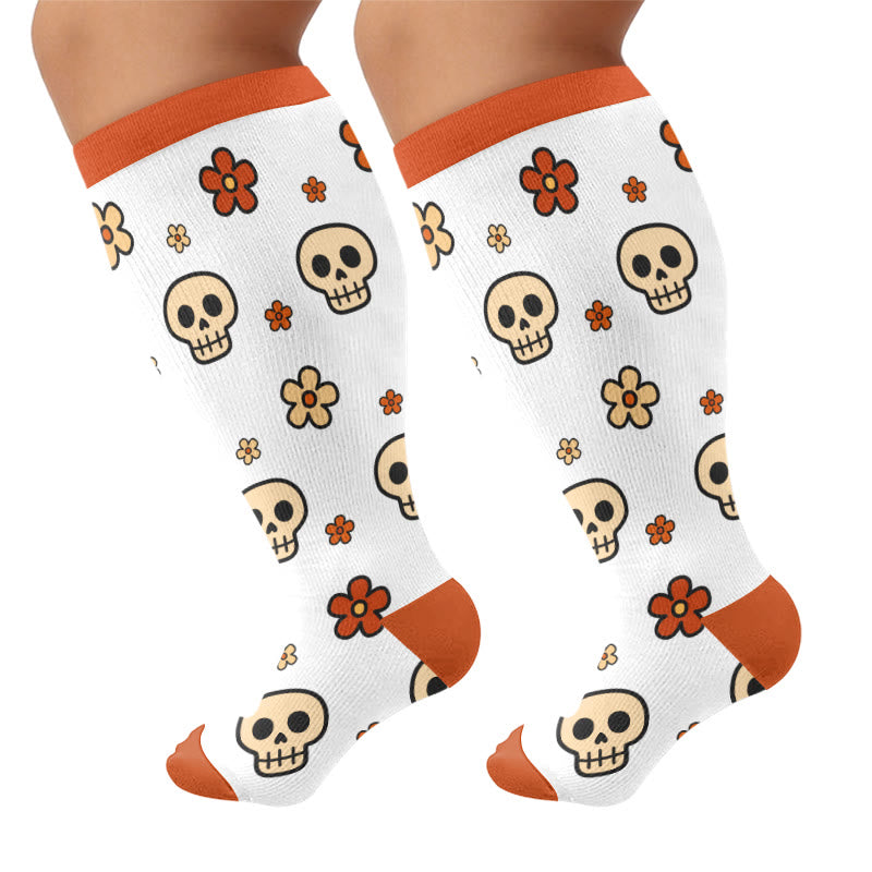 Plus Size Floral Skull Compression Socks - White(1 Pair) - 4XL - image 6