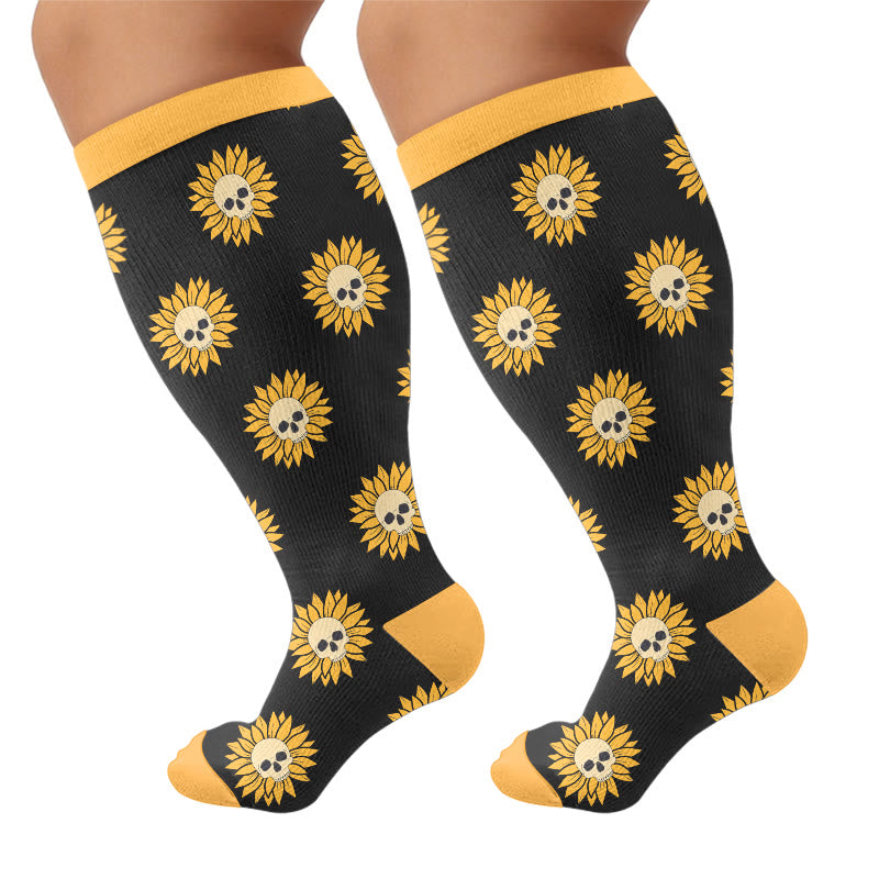 Plus Size Floral Skull Compression Socks - Yellow(1 Pair) - 4XL - image 7