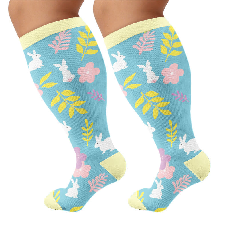 Plus Size Carrots Florals Egg Compression Socks - Blue(1 Pair) - 4XL - image 7