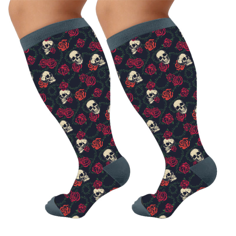 Plus Size Floral Skull Print Compression Socks - Skull(1 Pair) - 4XL - image 6