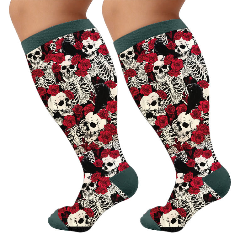 Plus Size Floral Skull Print Compression Socks - Rose(1 Pair) - 4XL - image 5