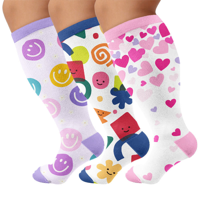 Plus Size Playful Smile Heart Compression Socks - Multicolor(3 Pairs) - 4XL - image 1