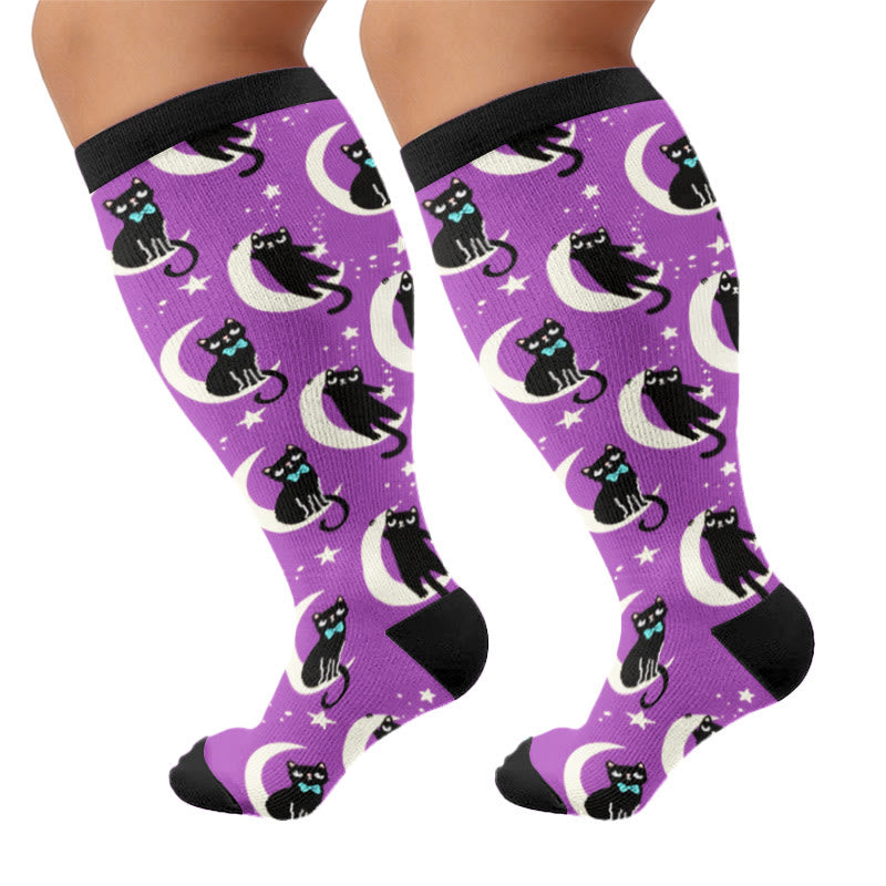 Plus Size Moon Cat Compression Socks - Purple - 4XL - image 5
