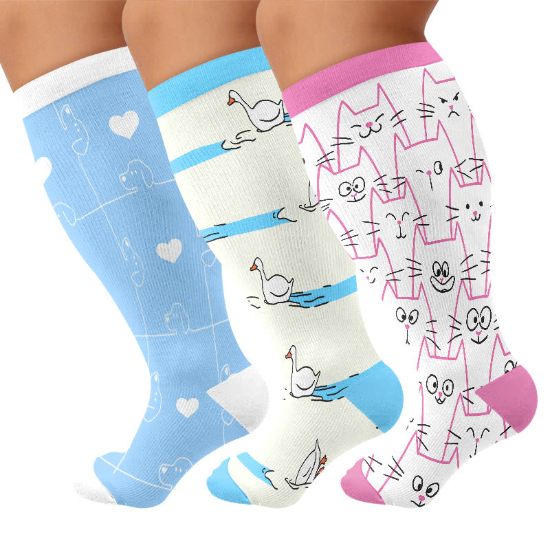 Plus Size Dog Goose Cat Compression Socks - Multicolor(3 Pairs) - 4XL - image 1