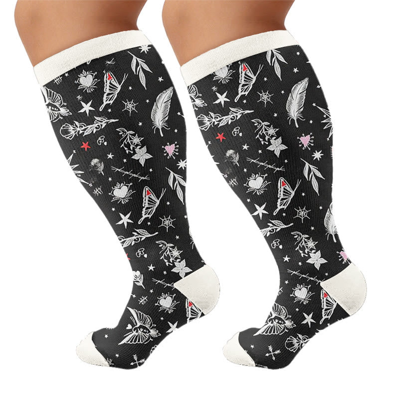 Plus Sizeloral Feather Star Compression Socks - Black(1 Pair) - 4XL - image 5