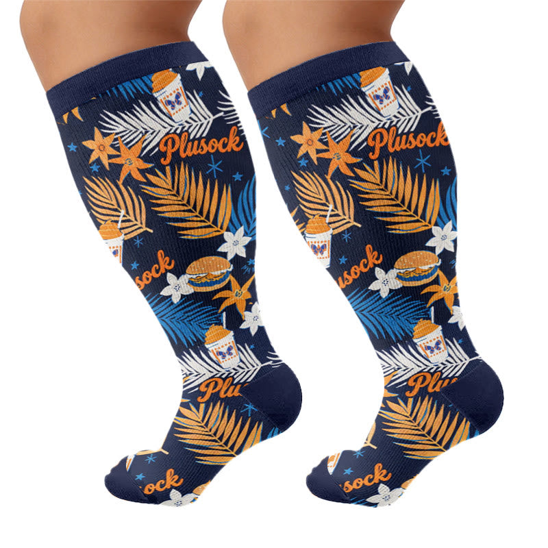Plus Sizeloral Feather Star Compression Socks - Navy Blue(1 Pair) - 4XL - image 7
