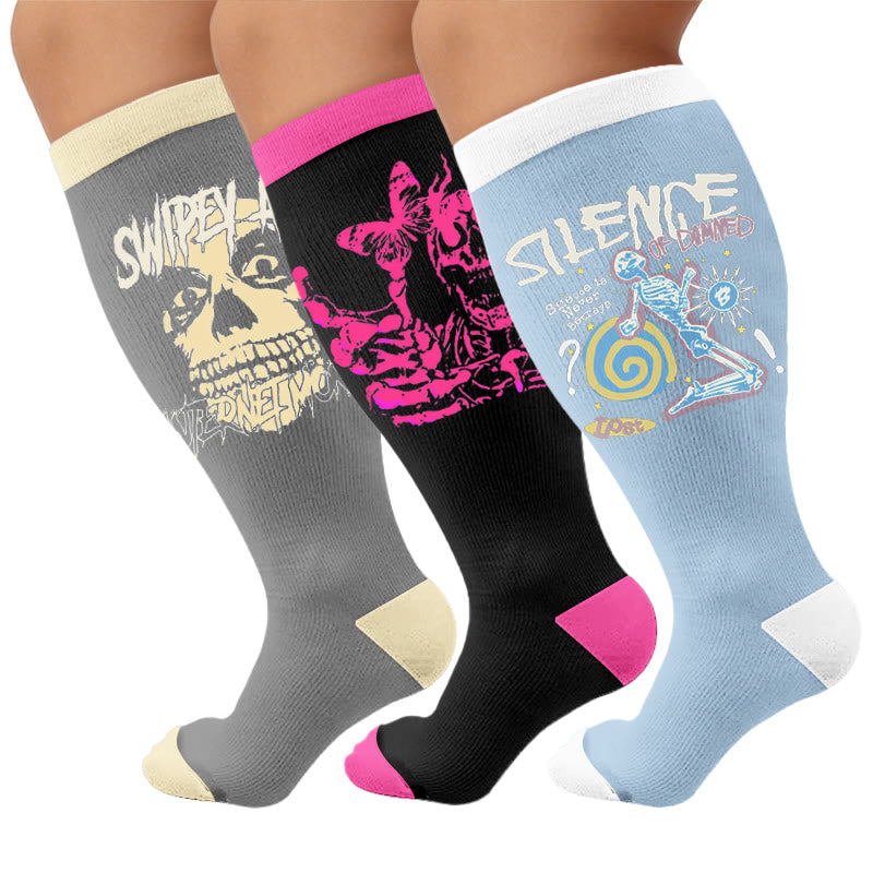 Plus Size American Retro Skull Print Compression Socks - Multicolor(3 Pairs) - 4XL - image 1
