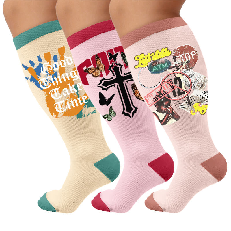 Plus Size Street Style Printed Compression Socks - Multicolor(3 Pairs) - 4XL - image 1