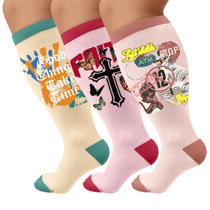 Plus Size Street Style Printed Compression Socks - Multicolor(3 Pairs) - 4XL - image 1