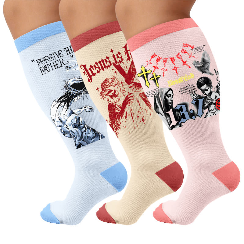 Plus Size Faith Print Compression Socks - Multicolor(3 Pairs) - 4XL - image 1