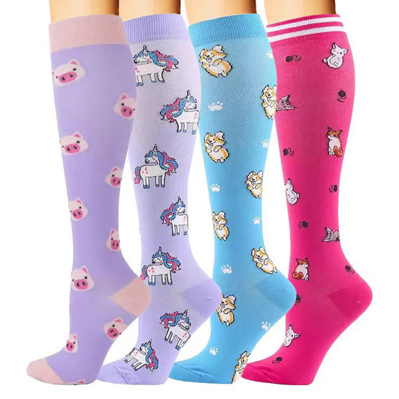 Pig Corgi Fox Unicorn Compression Socks(4 Pairs) - image 1