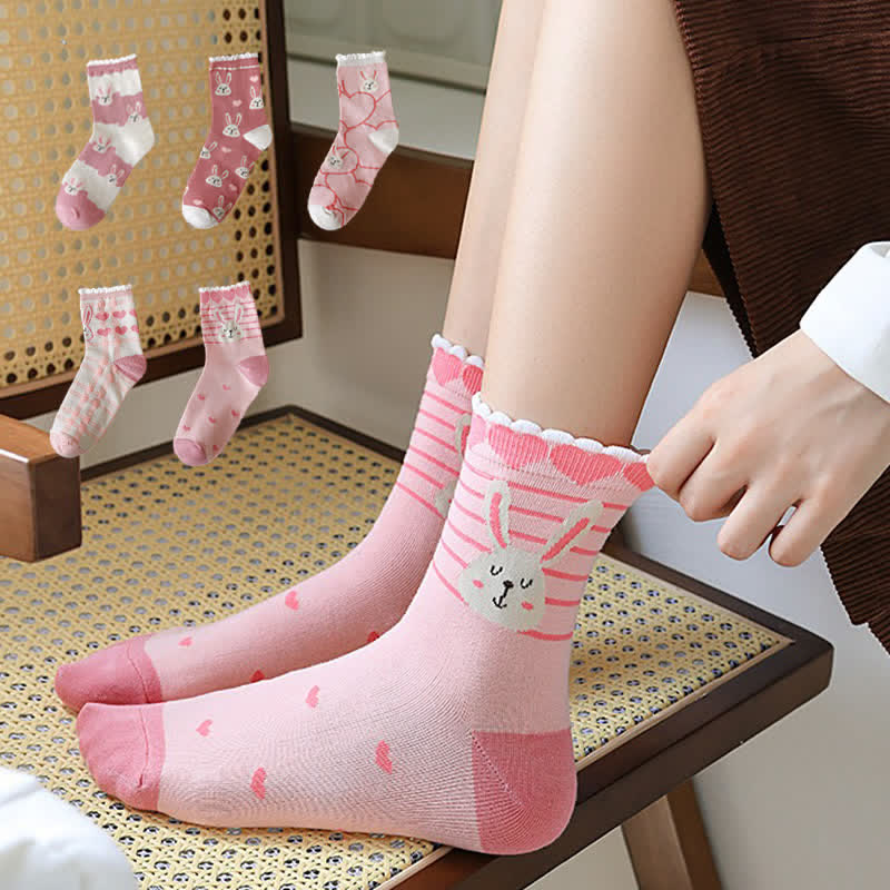 Cute Rabbit Quarter Socks(5 Pairs) - Pink - EU35-40(US2-7) - image 0