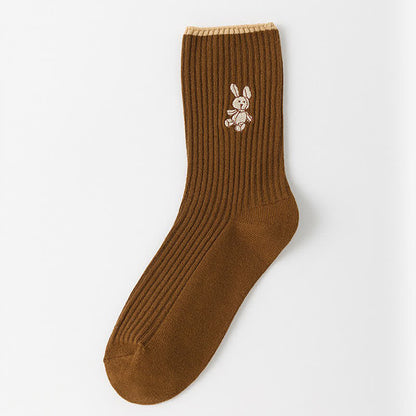 Rabbit Embroidered Quarter Socks(5 Pairs) - Coffee - EU35-40(US2-7) - image 6