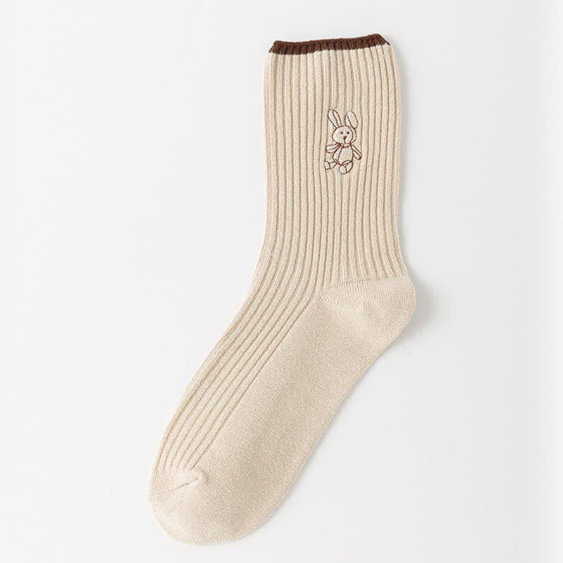 Rabbit Embroidered Quarter Socks(5 Pairs) - Camel - EU35-40(US2-7) - image 5