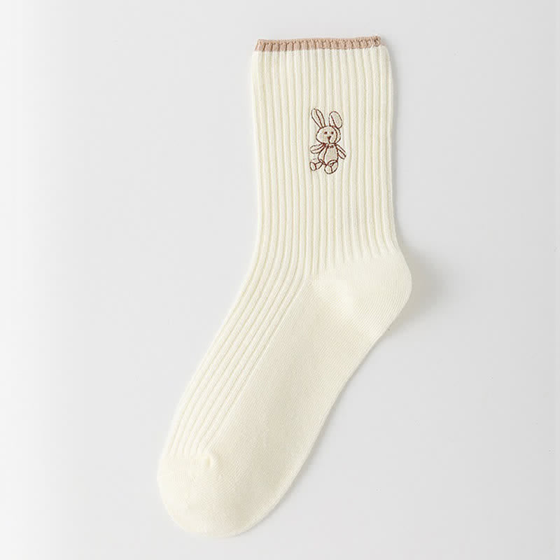 Rabbit Embroidered Quarter Socks(5 Pairs) - Beige - EU35-40(US2-7) - image 4