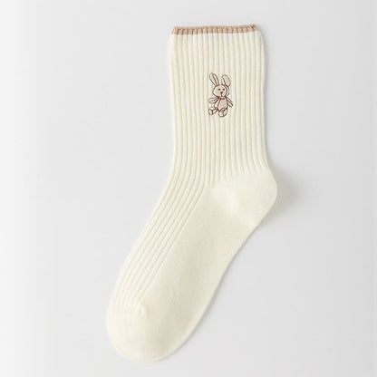 Rabbit Embroidered Quarter Socks(5 Pairs) - Beige - EU35-40(US2-7) - image 4
