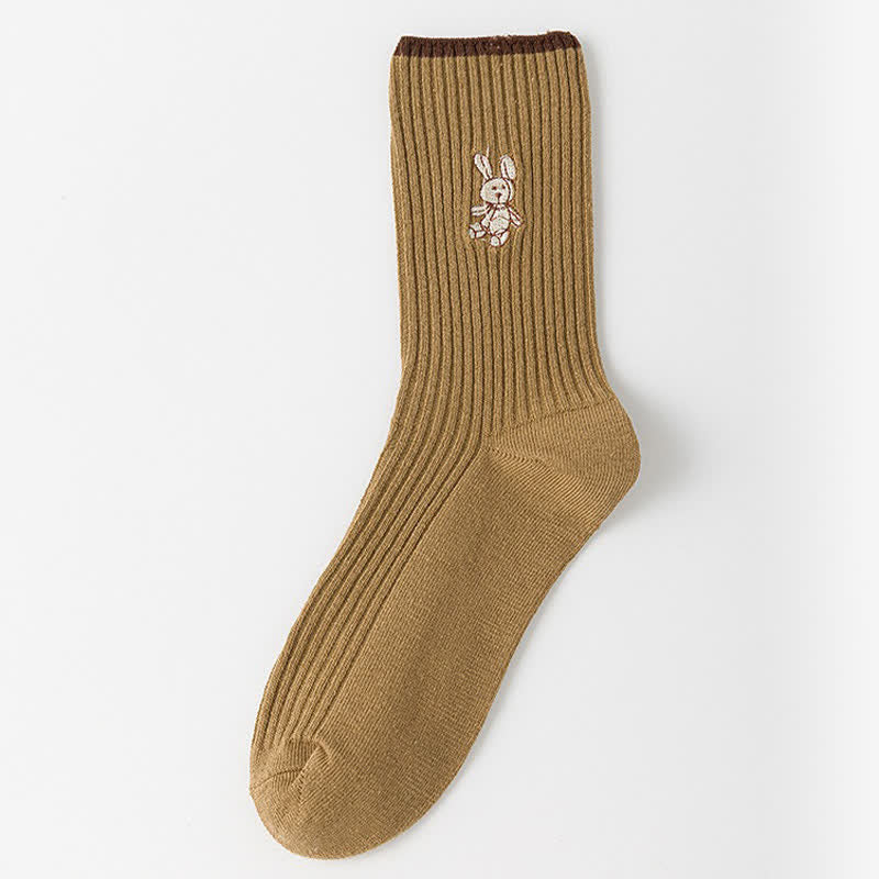 Rabbit Embroidered Quarter Socks(5 Pairs) - Khaki - EU35-40(US2-7) - image 8