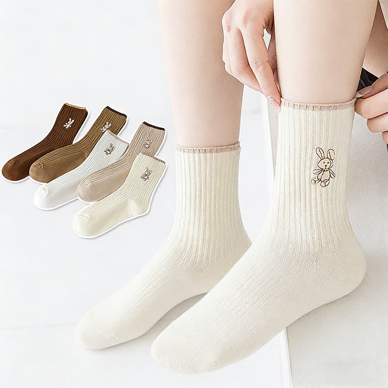 Rabbit Embroidered Quarter Socks(5 Pairs) - Multicolor - EU35-40(US2-7) - image 0