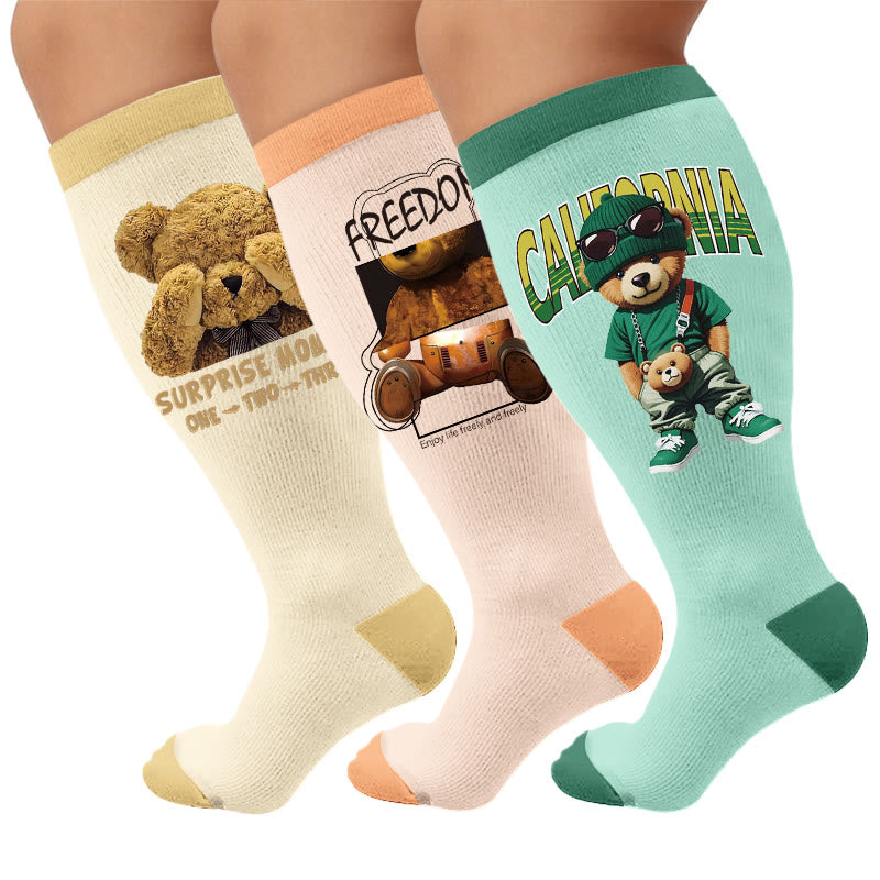 Plus Size Cute Bear Print Compression Socks - Multicolor(3 Pairs) - 4XL - image 1