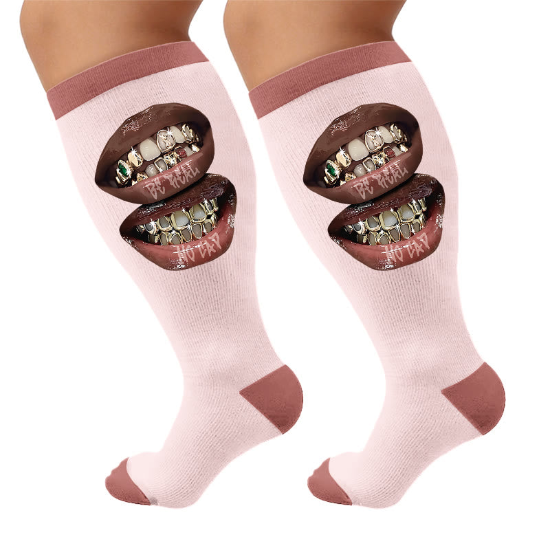 Plus Size Sexy Lip Print Compression Socks - Teeth(1 Pair) - 4XL - image 5