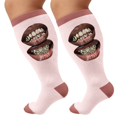 Plus Size Sexy Lip Print Compression Socks - Teeth(1 Pair) - 4XL - image 5