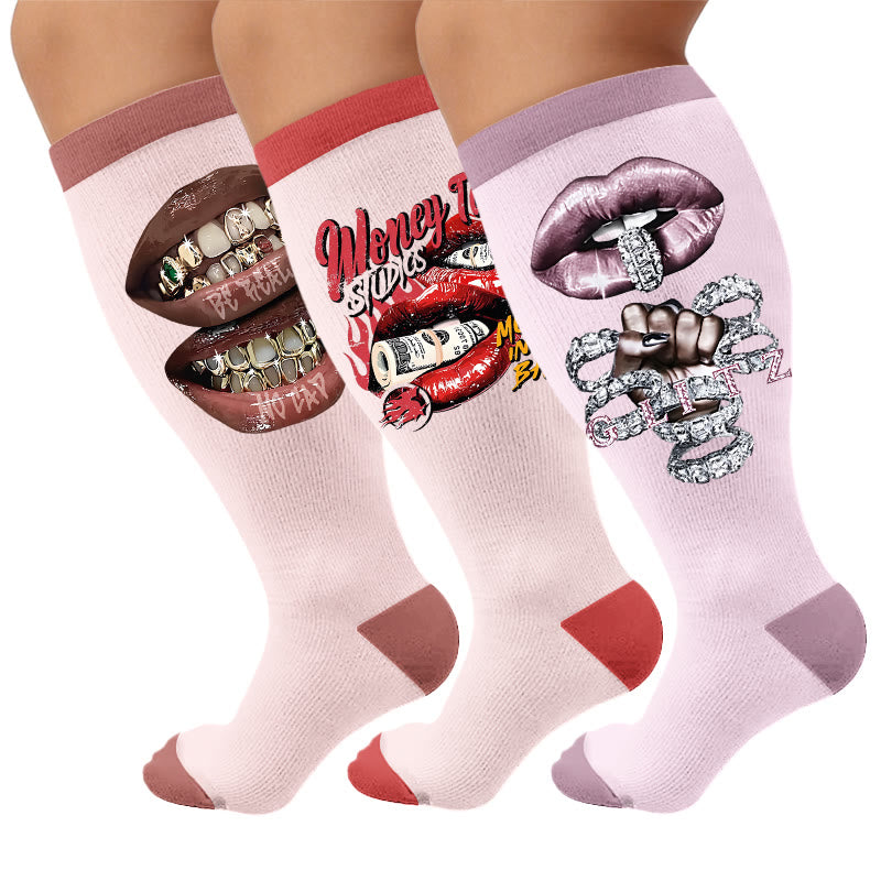 Plus Size Sexy Lip Print Compression Socks - Multicolor(3 Pairs) - 4XL - image 1