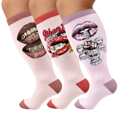 Plus Size Sexy Lip Print Compression Socks - Multicolor(3 Pairs) - 4XL - image 1