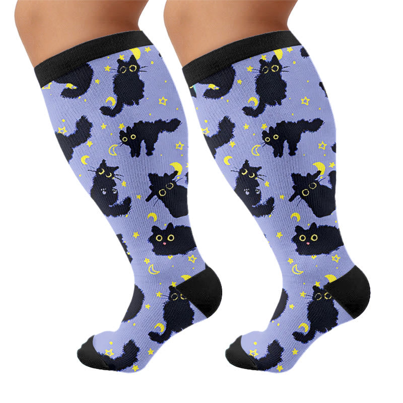 Plus Size Moonlight Cat Compression Socks - Blue(1 Pair) - 4XL - image 10