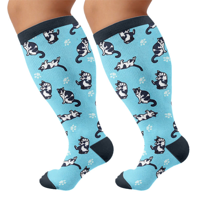 Plus Size Quirky Cute Cat Compression Socks - Blue - 4XL - image 5