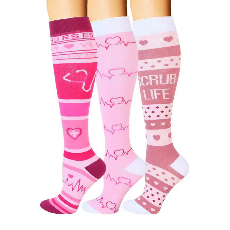 Pink ECG Heart Compression Socks(3 Pairs) - image 1