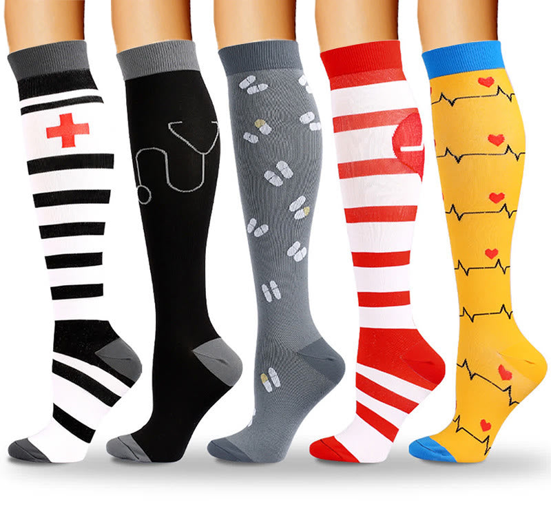 Medical Pattern Print Compression Socks(5 Pairs) - image 1