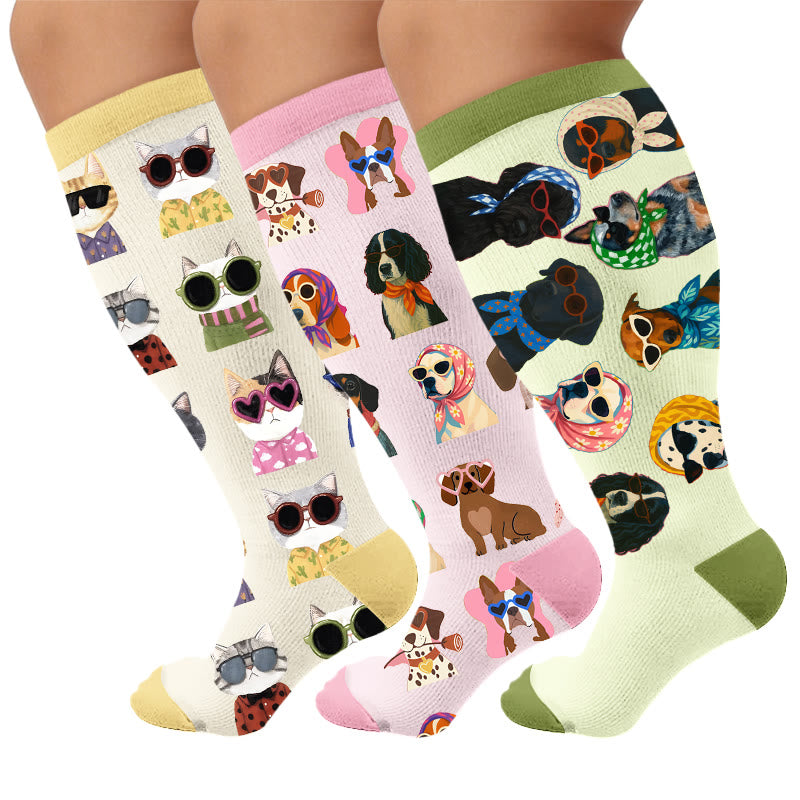 Plus Size Cute Dog Print Compression Socks - Multicolor(3 Pairs) - 4XL - image 4