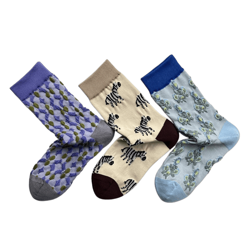 Lattice Zebra Flower Quarter Socks(3 Pairs) - image 1
