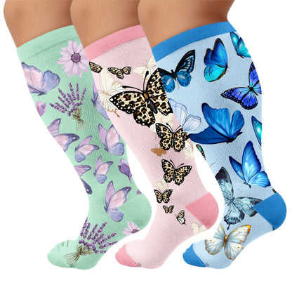 Plus Size Butterflies Dancing Compression Socks - Multicolor(3 Pairs) - 4XL - image 1