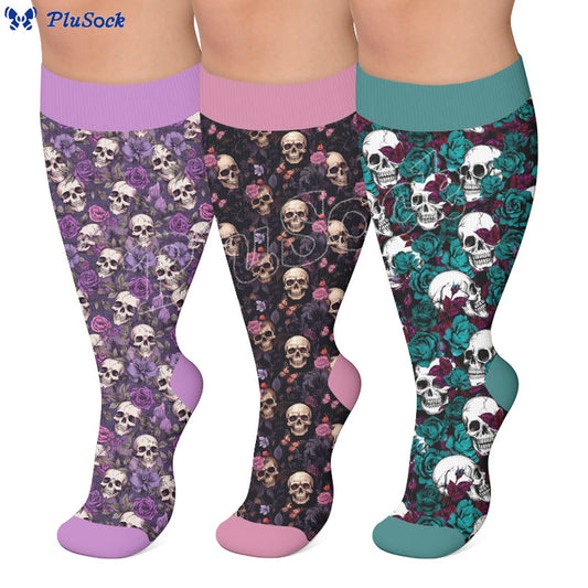 Plus Size Whimsical Blooms Skull Compression Socks - image 0