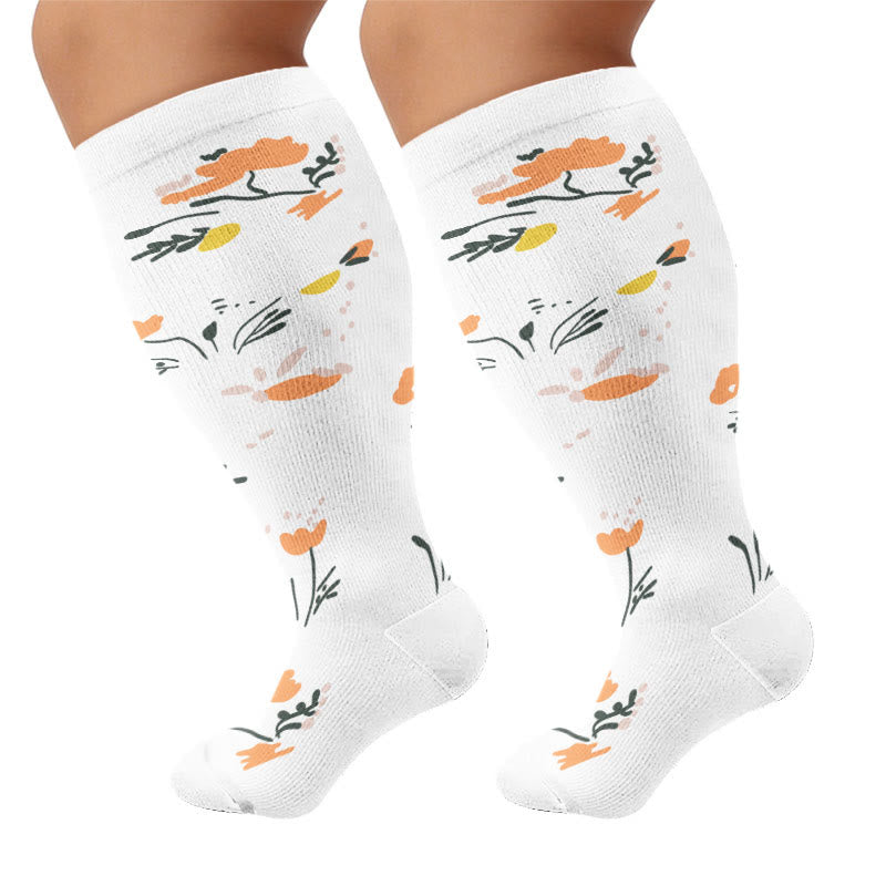 Plus Size Elegant Floral Compression Socks - White - 4XL - image 5