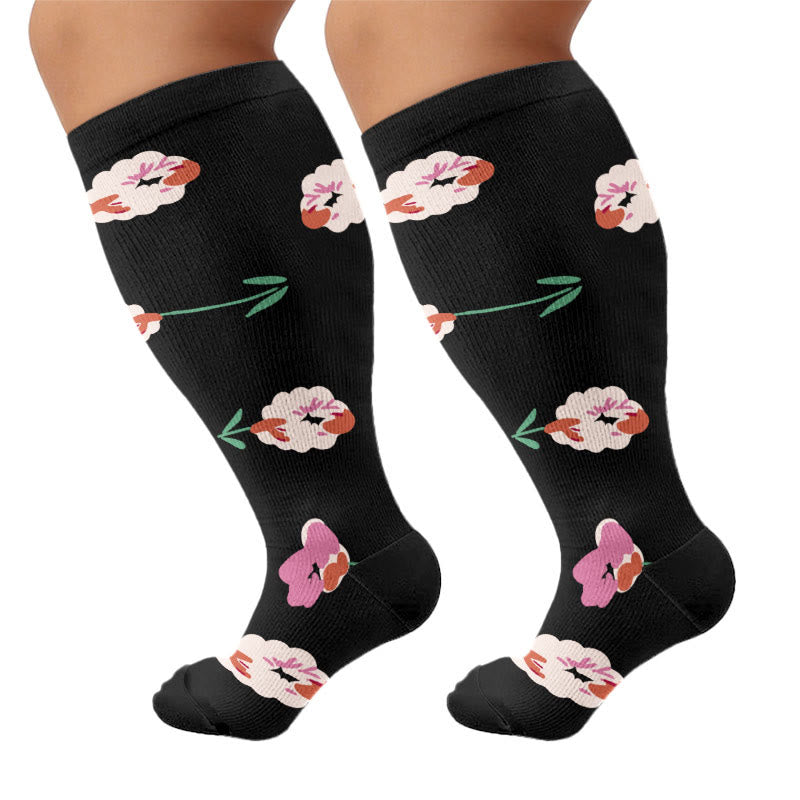 Plus Size Elegant Floral Compression Socks - Black - 4XL - image 6