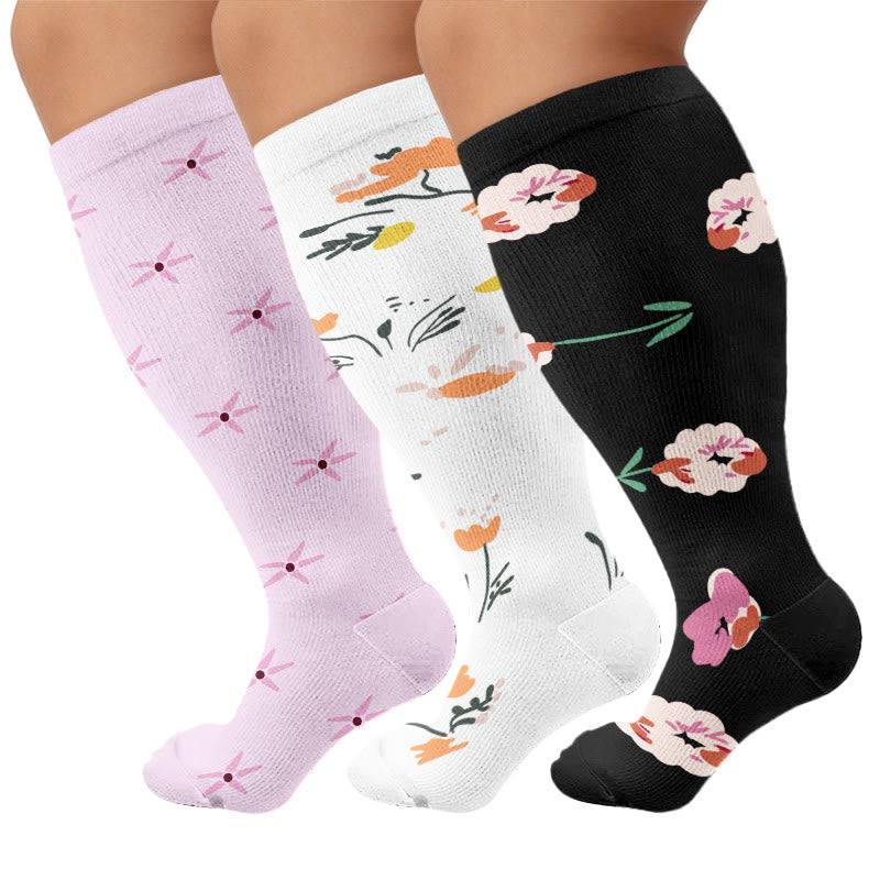 Plus Size Elegant Floral Compression Socks(3 Pairs) - Multicolor - 4XL - image 1