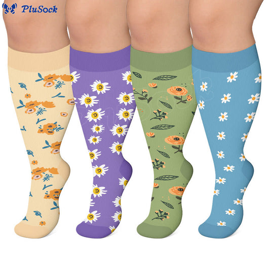 Plus Size Vintage Inspired Floral Compression Socks(4 Pairs) - image 0