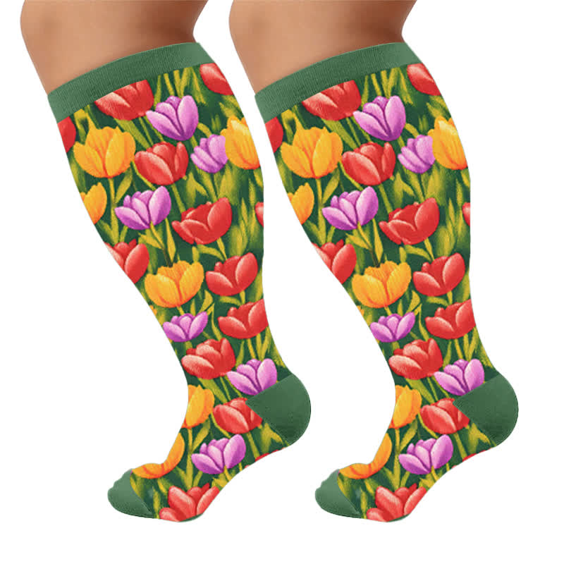 Plus Size Floral Fruit Compression Socks - Green(1 Pair) - 4XL - image 6