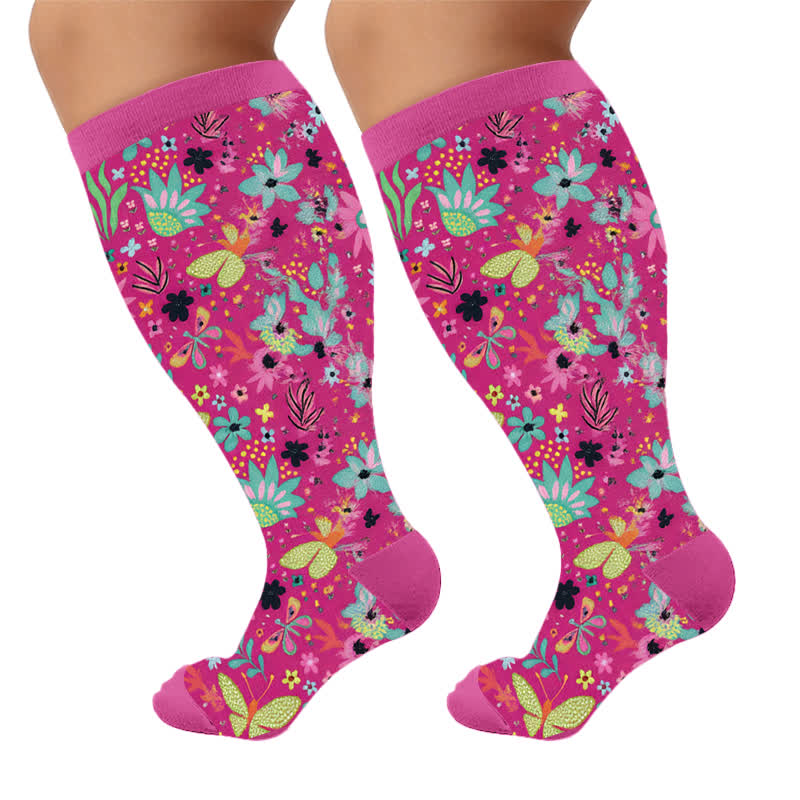 Plus Size Floral Fruit Compression Socks - Red(1 Pair) - 4XL - image 5