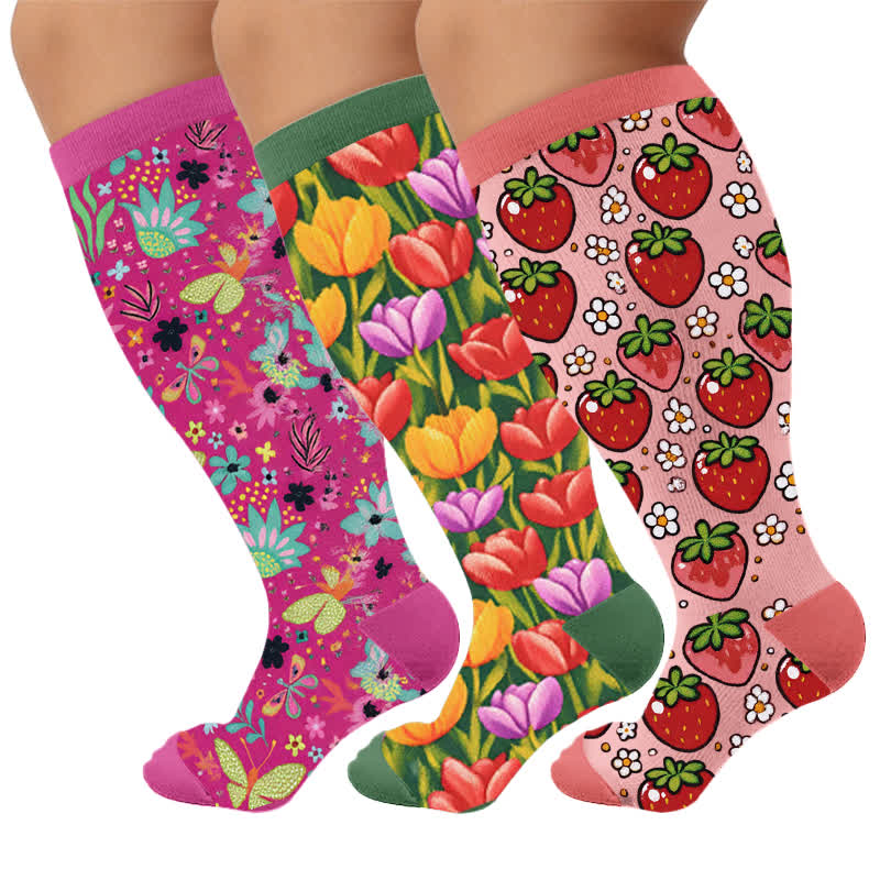 Plus Size Floral Fruit Compression Socks - Multicolor(3 Pairs) - 4XL - image 1
