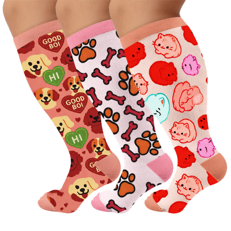 Plus Size Cats Dogs Compression Socks - Multicolor(3 Pairs) - 4XL - image 1