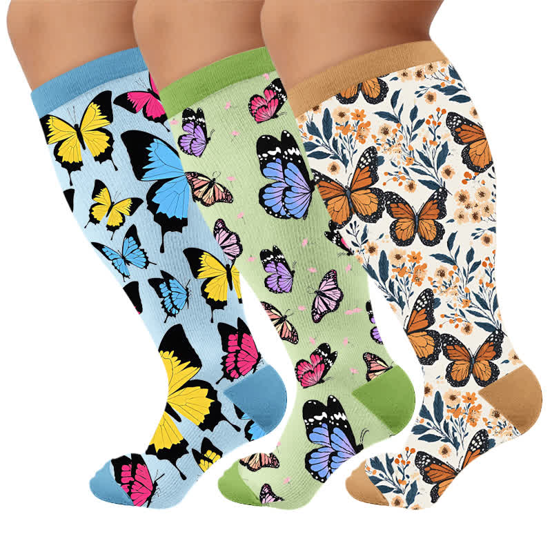 Plus Size Multicolor Butterfly Compression Socks - Multicolor(3 Pairs) - 4XL - image 1