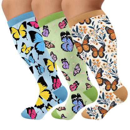 Plus Size Multicolor Butterfly Compression Socks - Multicolor(3 Pairs) - 4XL - image 1