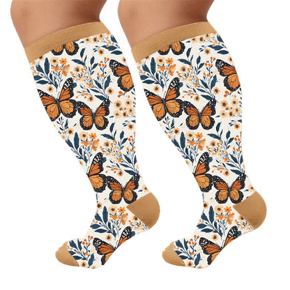 Plus Size Multicolor Butterfly Compression Socks - Apricot(1 Pair) - 4XL - image 7