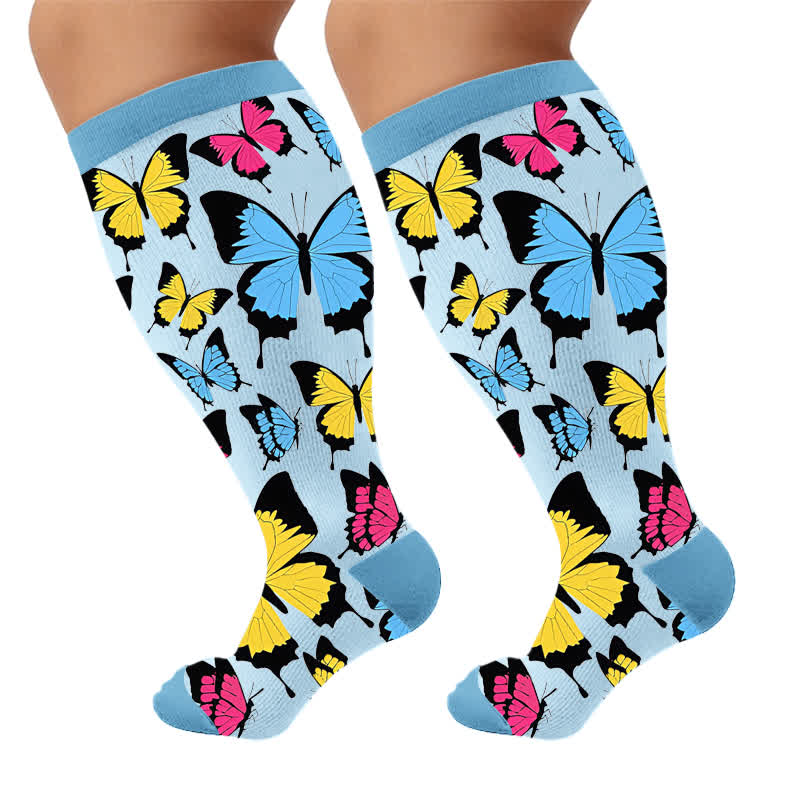 Plus Size Multicolor Butterfly Compression Socks - Blue(1 Pair) - 4XL - image 5